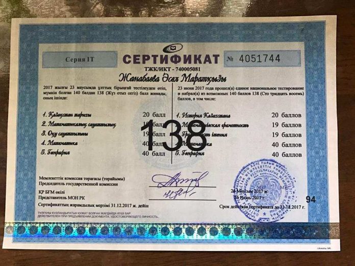 Сертификат ЕНТ Асел Жанабаевой