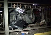 В Шымкенте легковушка снесла дерево, электрический столб и металлическое ограждение