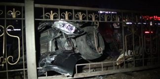 В Шымкенте легковушка снесла дерево, электрический столб и металлическое ограждение