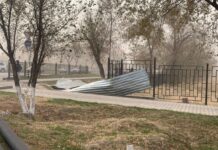 Сильный ветер в Шымкенте снес строительные ограждения и повалил деревья ветер непогода