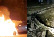 Машина сгорела дотла в центре Шымкента