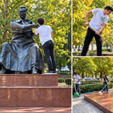 В Шымкенте волонтёры привели в порядок территорию у памятника Бауыржану Момышулы